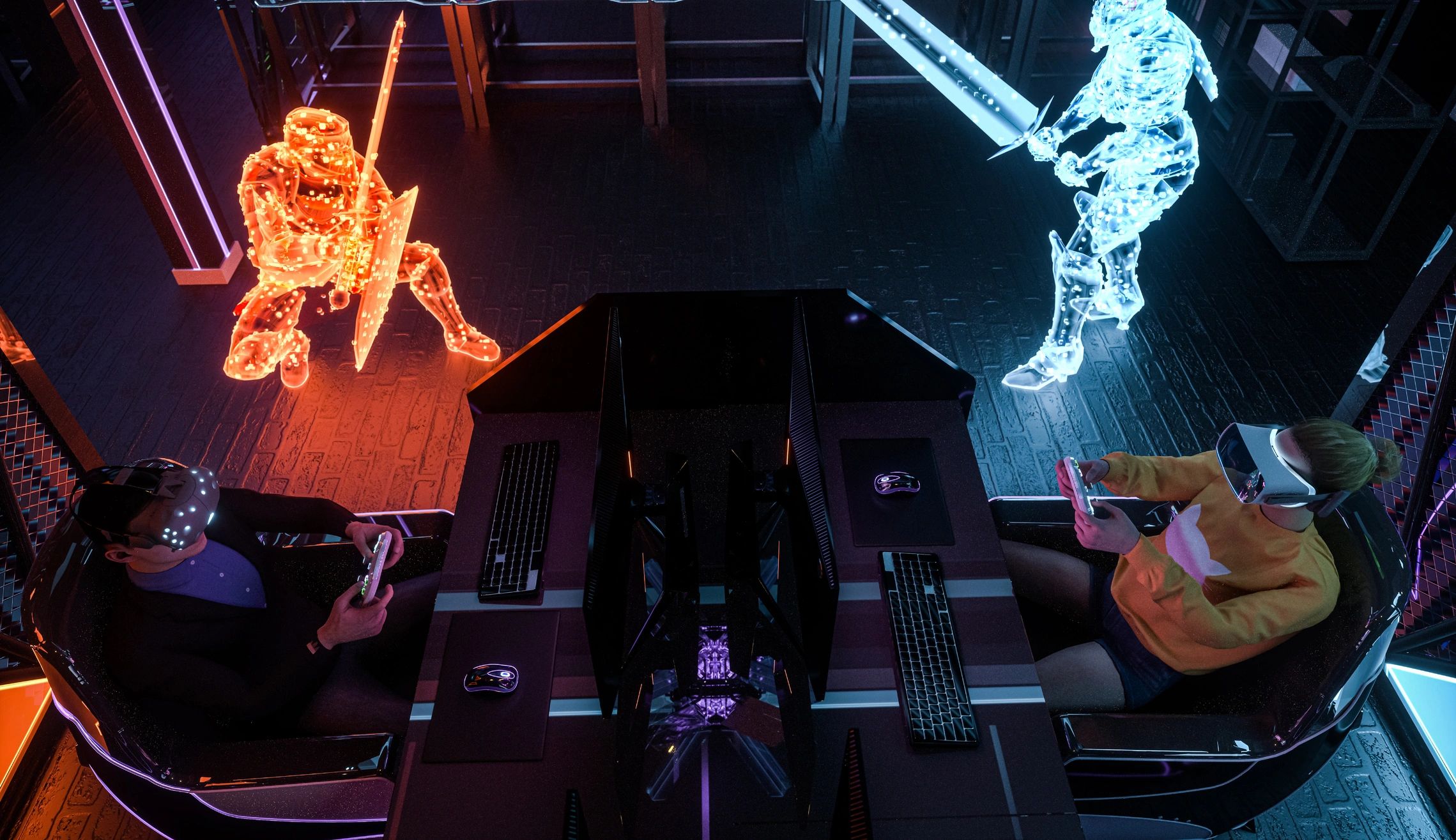 indie game developers cyberpunk neon workspace